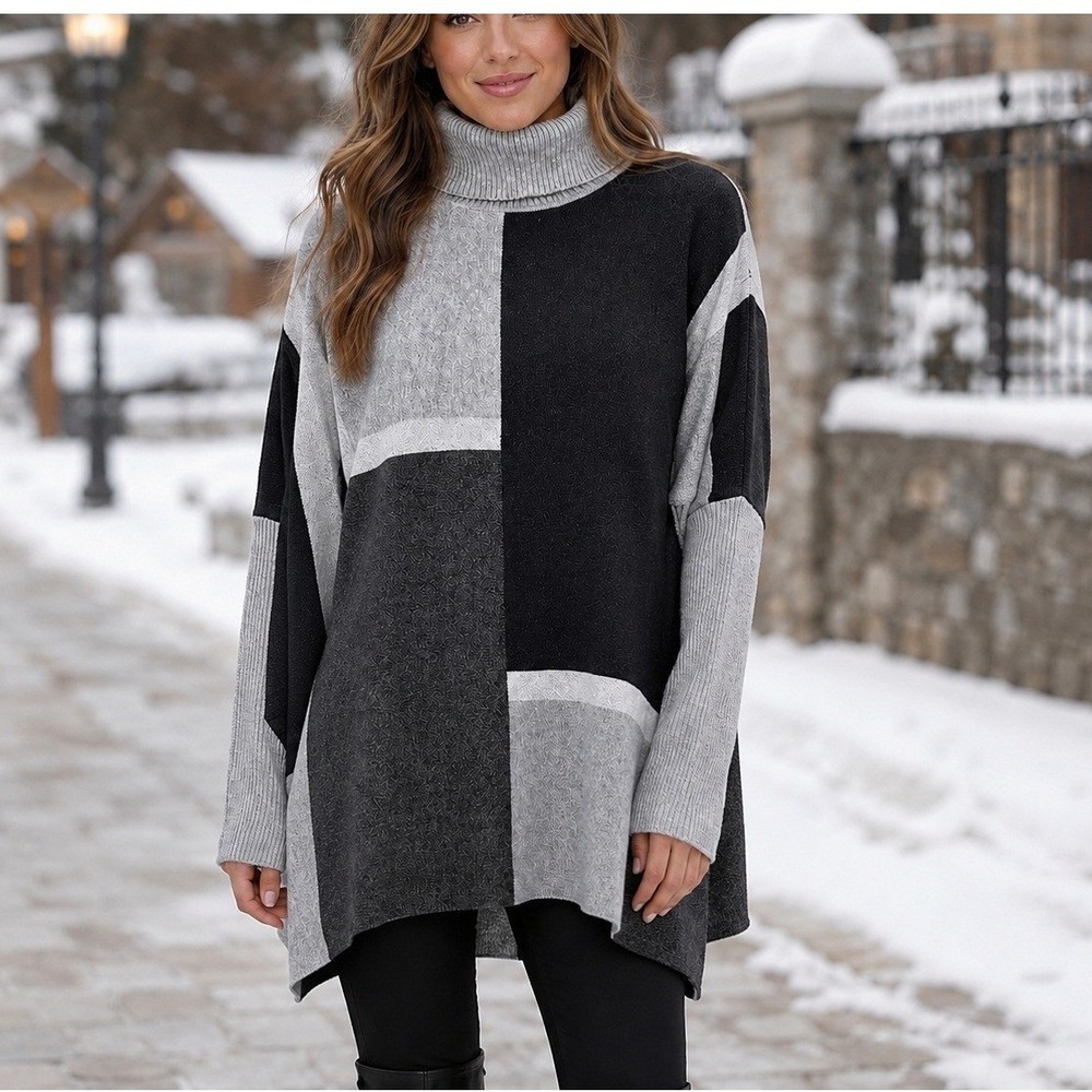 NWT Joseph A. Camden Sz Large Colorblock Poncho Turtleneck Sweater Black Grey